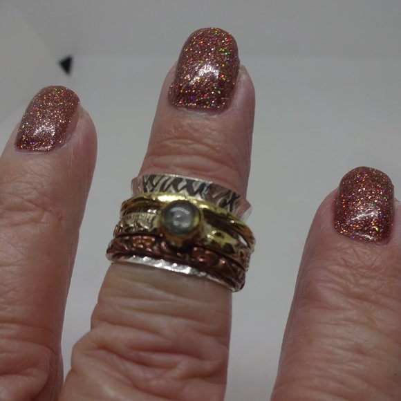 Whimsical "MOONSTONE" SPINNER RING in SILVER, GOLD & COPPER Size 8 #921 - Picture 3 of 3